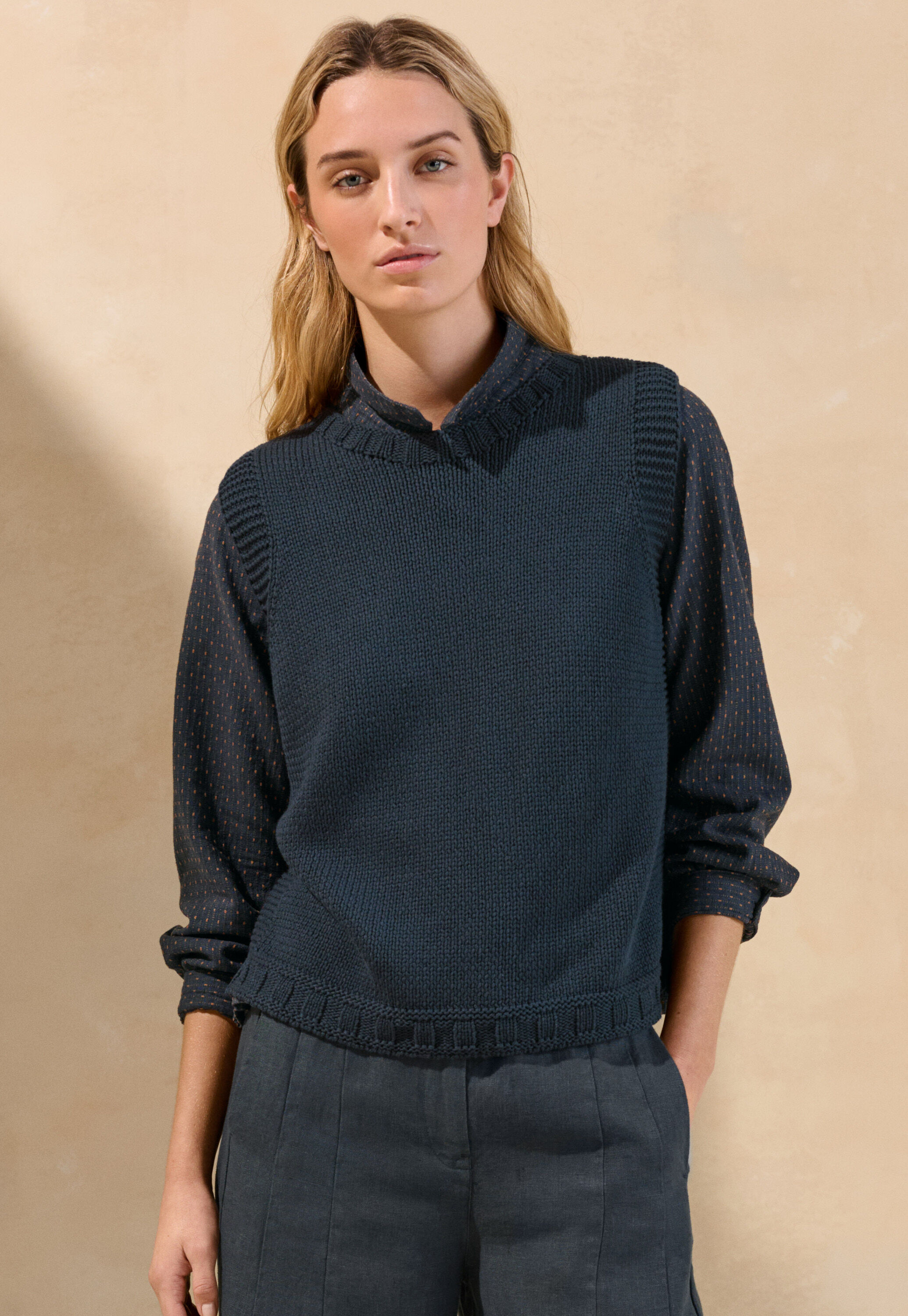 Bluse in Strichmuster-Webung, Petrol/Rost, large
