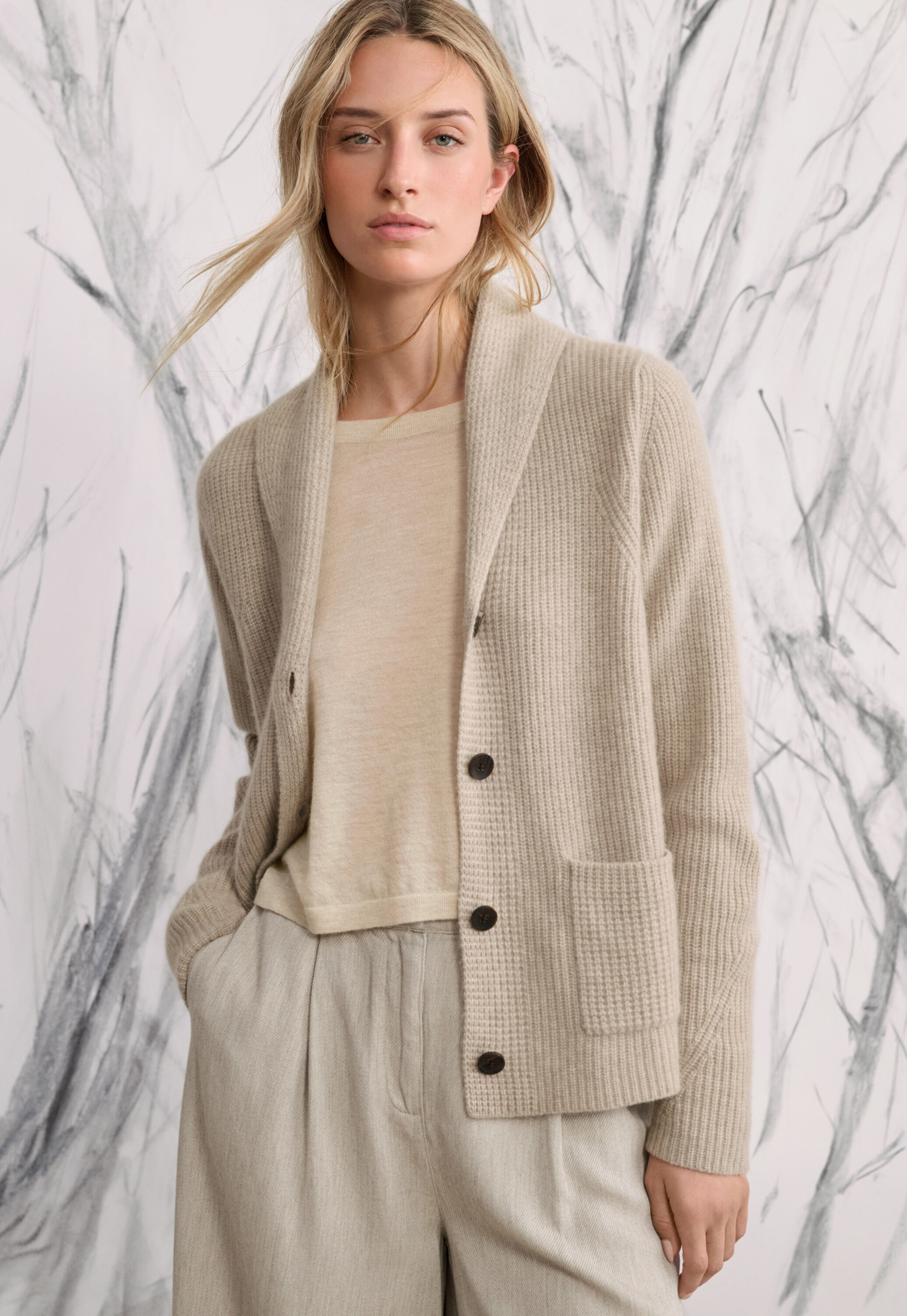 Cardigan mit Schalkragen, Ecru/Rehbraun, large