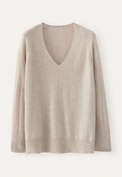Pullover mit V-Ausschnitt, Ecru/Rehbraun, webstill
